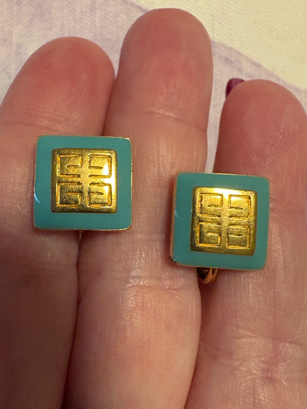 Givenchy Vintage Earrings Turquoise Blue & Gold Tone Clips signed 1981 - Picture 3 of 5